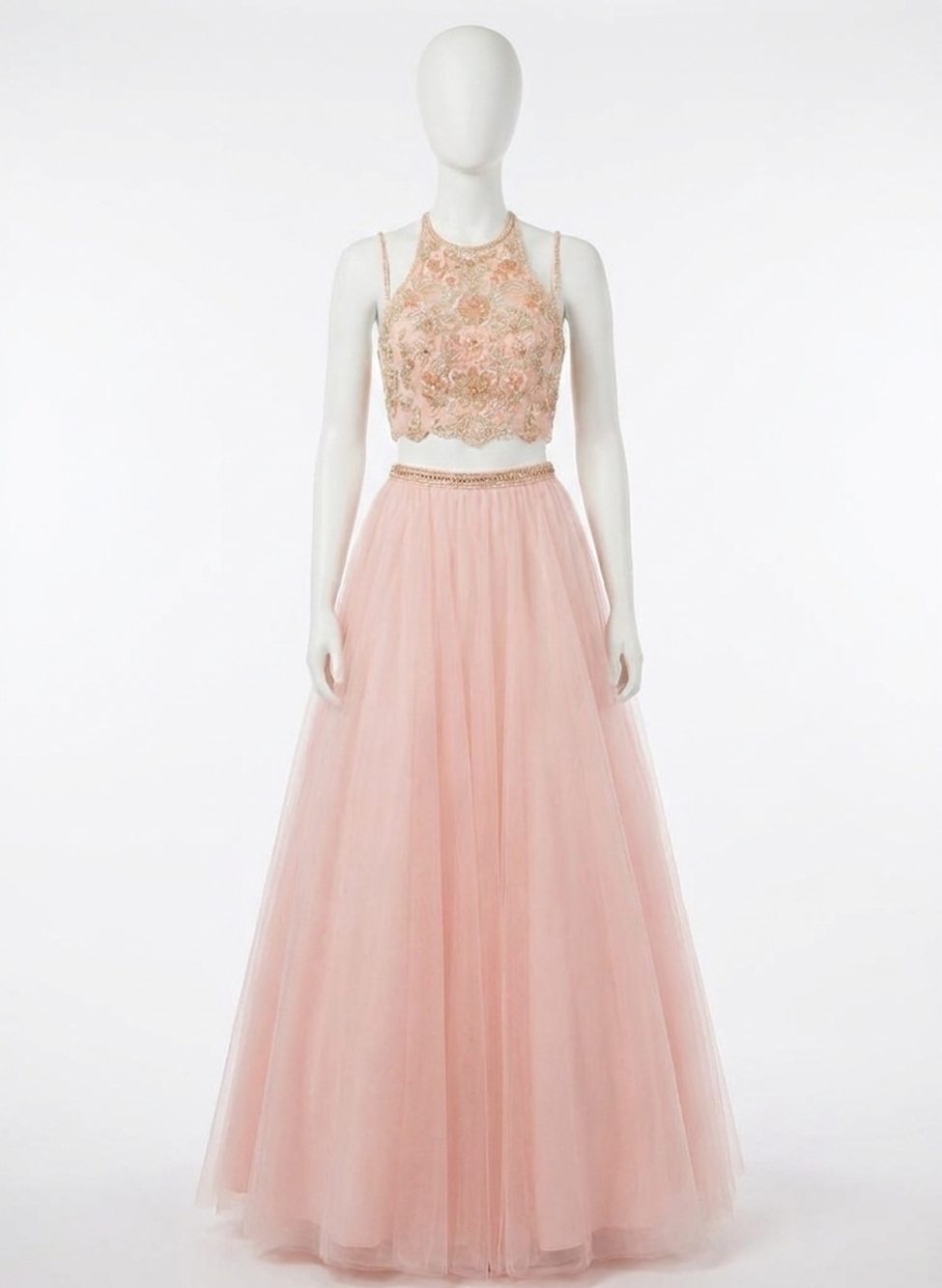 NEW RACHEL ALLAN two-piece strappy tulle prom dress in blush